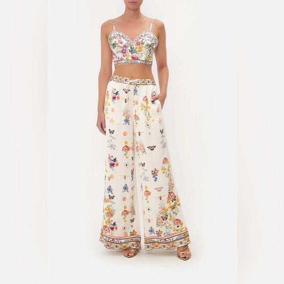 Camilla Pants - Camilla “Queens Bee Hive” Cream Linen Floral Print Wide-Leg Lounge Pants M